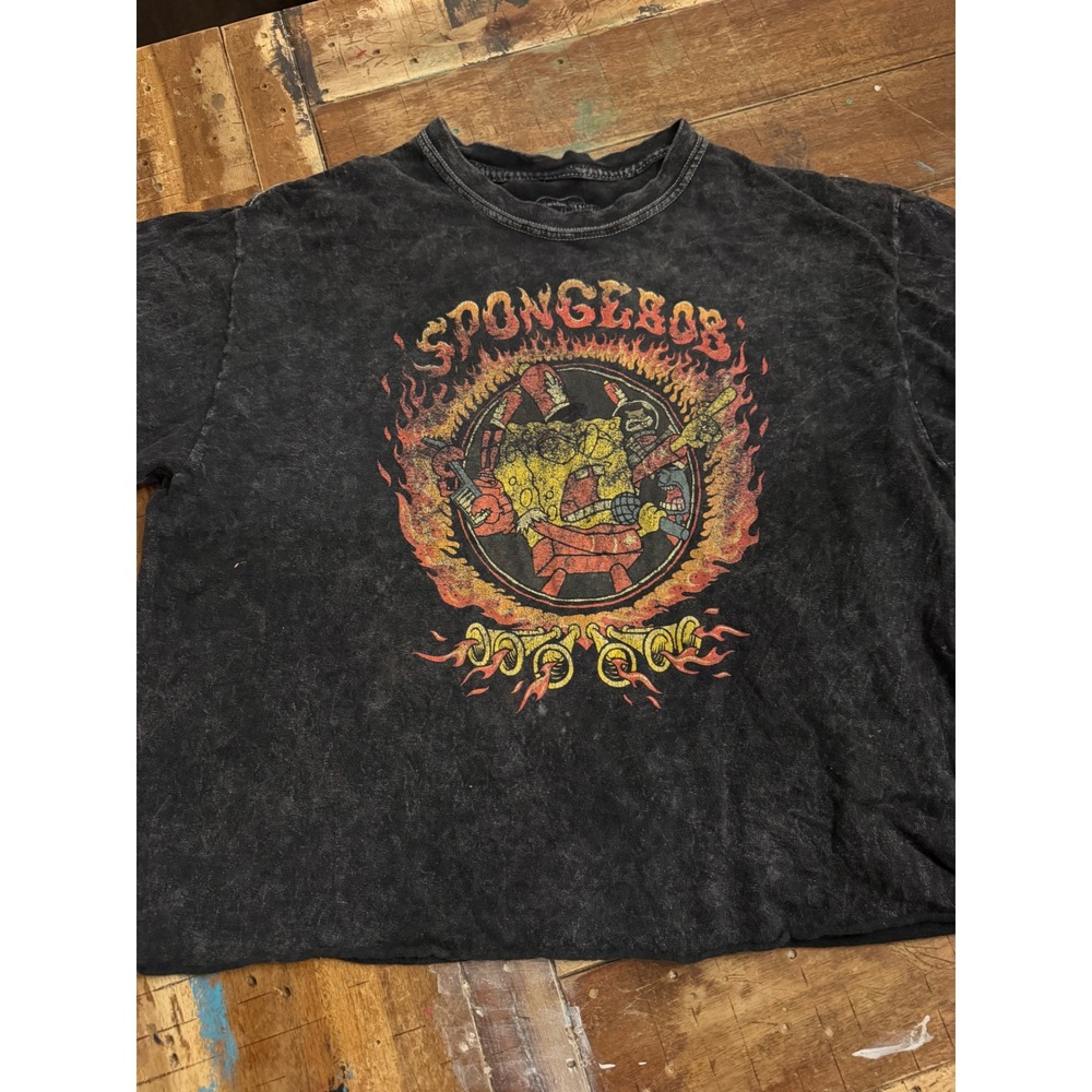 Nickelodeon Spongebob Squarepants Acid Wash Black Rockstar Graphic Tee Kids L